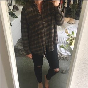 Free people oversized checkered plaid brown button down shirt